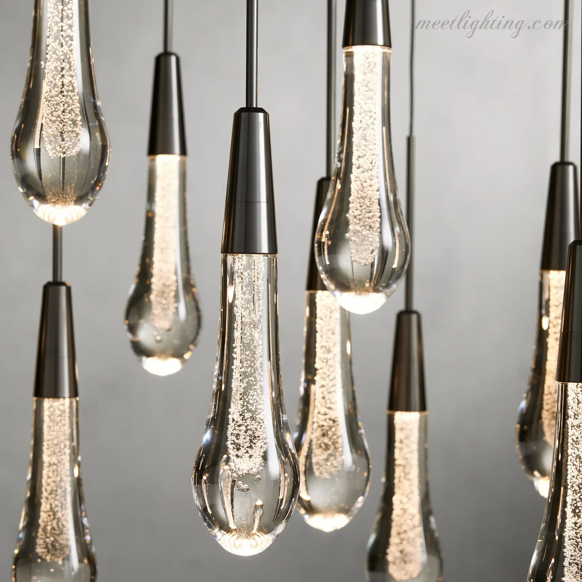Linear LED Chandelier with Textured Glass Drops – Adjustable Height – Brass Bronze Nickel – 37 to 120 Inch – Dining Room Kitchen Island
