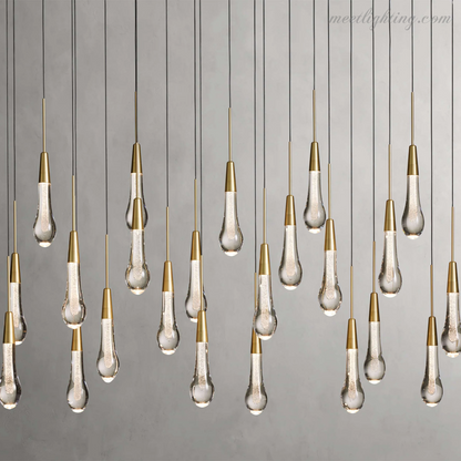 Linear LED Chandelier with Textured Glass Drops – Adjustable Height – Brass Bronze Nickel – 37 to 120 Inch – Dining Room Kitchen Island
