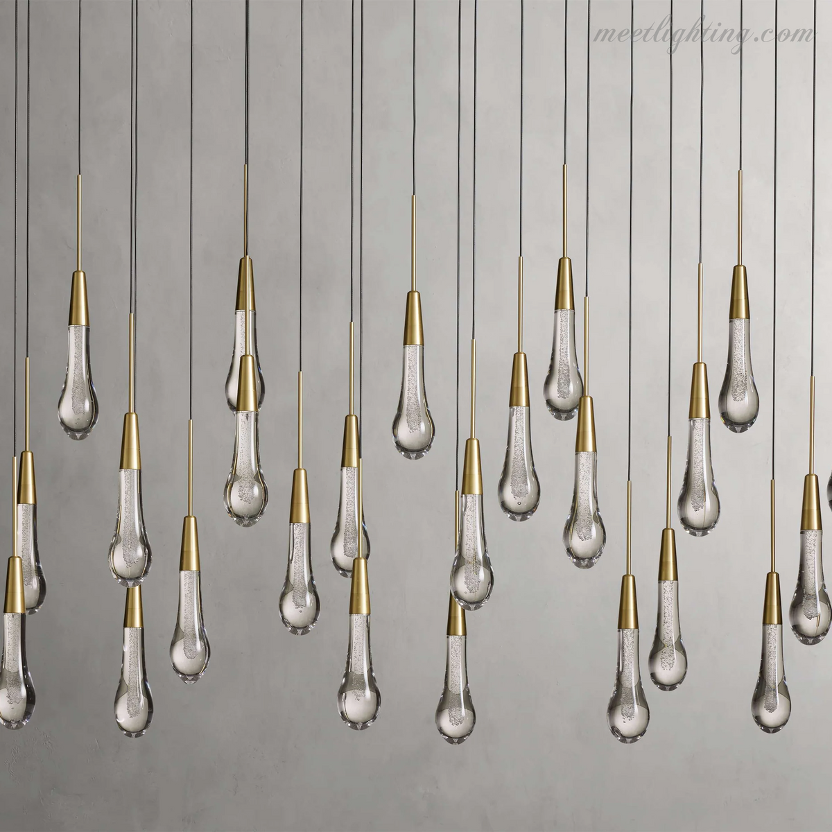Linear LED Chandelier with Textured Glass Drops – Adjustable Height – Brass Bronze Nickel – 37 to 120 Inch – Dining Room Kitchen Island