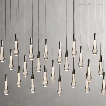 Linear LED Chandelier with Textured Glass Drops – Adjustable Height – Brass Bronze Nickel – 37 to 120 Inch – Dining Room Kitchen Island
