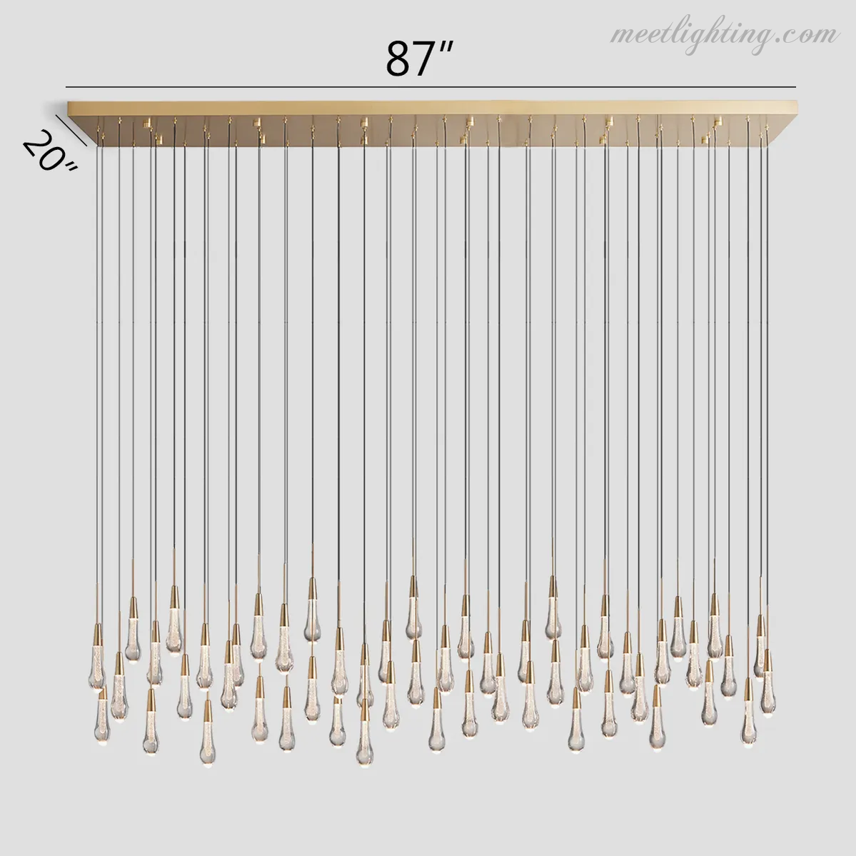 Linear LED Chandelier with Textured Glass Drops – Adjustable Height – Brass Bronze Nickel – 37 to 120 Inch – Dining Room Kitchen Island
