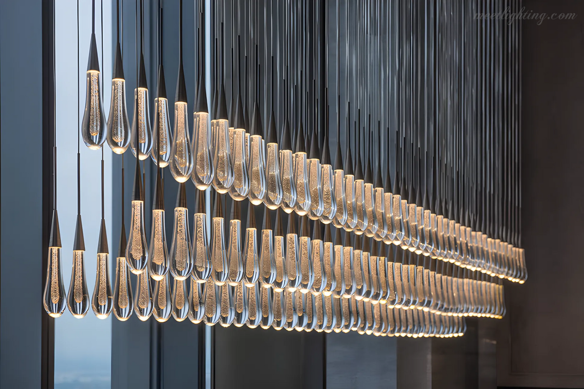 Linear LED Chandelier with Textured Glass Drops – Adjustable Height – Brass Bronze Nickel – 37 to 120 Inch – Dining Room Kitchen Island
