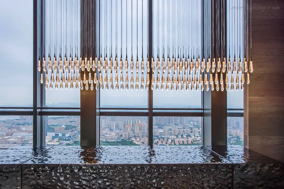 Linear LED Chandelier with Textured Glass Drops – Adjustable Height – Brass Bronze Nickel – 37 to 120 Inch – Dining Room Kitchen Island