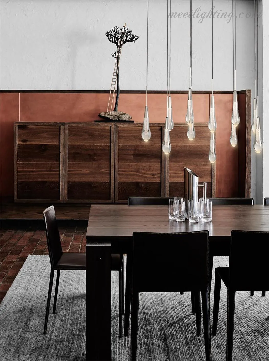 Linear LED Chandelier with Textured Glass Drops – Adjustable Height – Brass Bronze Nickel – 37 to 120 Inch – Dining Room Kitchen Island