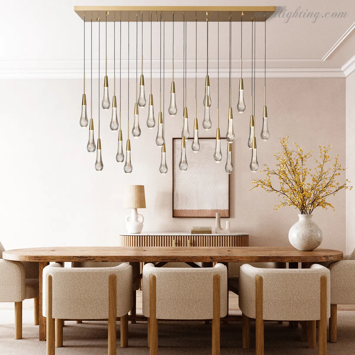 Linear LED Chandelier with Textured Glass Drops – Adjustable Height – Brass Bronze Nickel – 37 to 120 Inch – Dining Room Kitchen Island