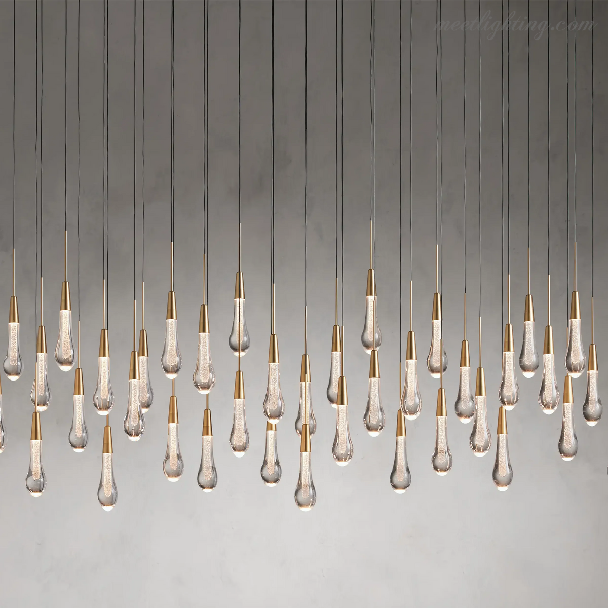 Linear LED Chandelier with Textured Glass Drops – Adjustable Height – Brass Bronze Nickel – 37 to 120 Inch – Dining Room Kitchen Island