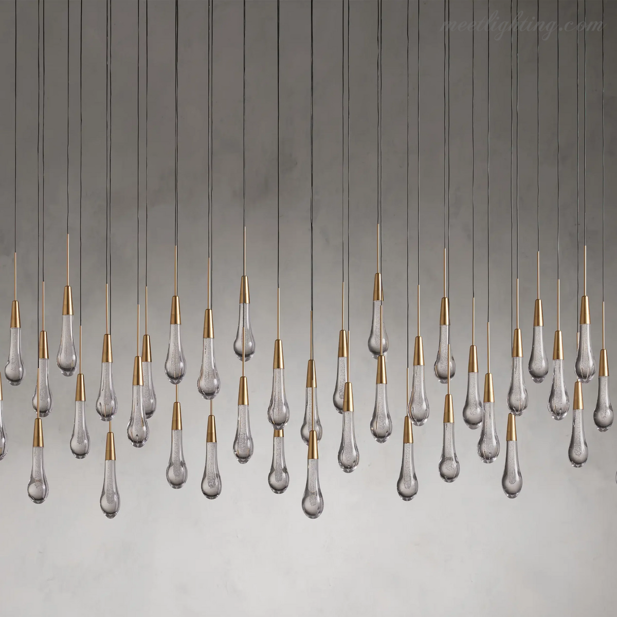 Linear LED Chandelier with Textured Glass Drops – Adjustable Height – Brass Bronze Nickel – 37 to 120 Inch – Dining Room Kitchen Island