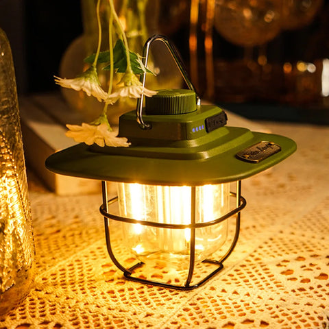 NostalgiaGlow | Lanterne de camping LED rétro avec batterie rechargeable | Éclairage réglable pour une ambiance extérieure chaleureuse