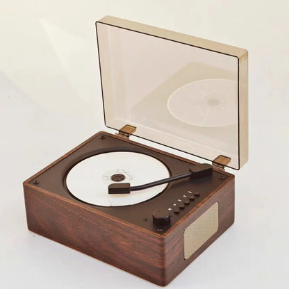 Compact Desktop Audio System Wireless Bluetooth 5.1 Disc Player Walnut Wood Design USB AUX Built-In Speaker 2000mAh Rechargeable Battery Rem