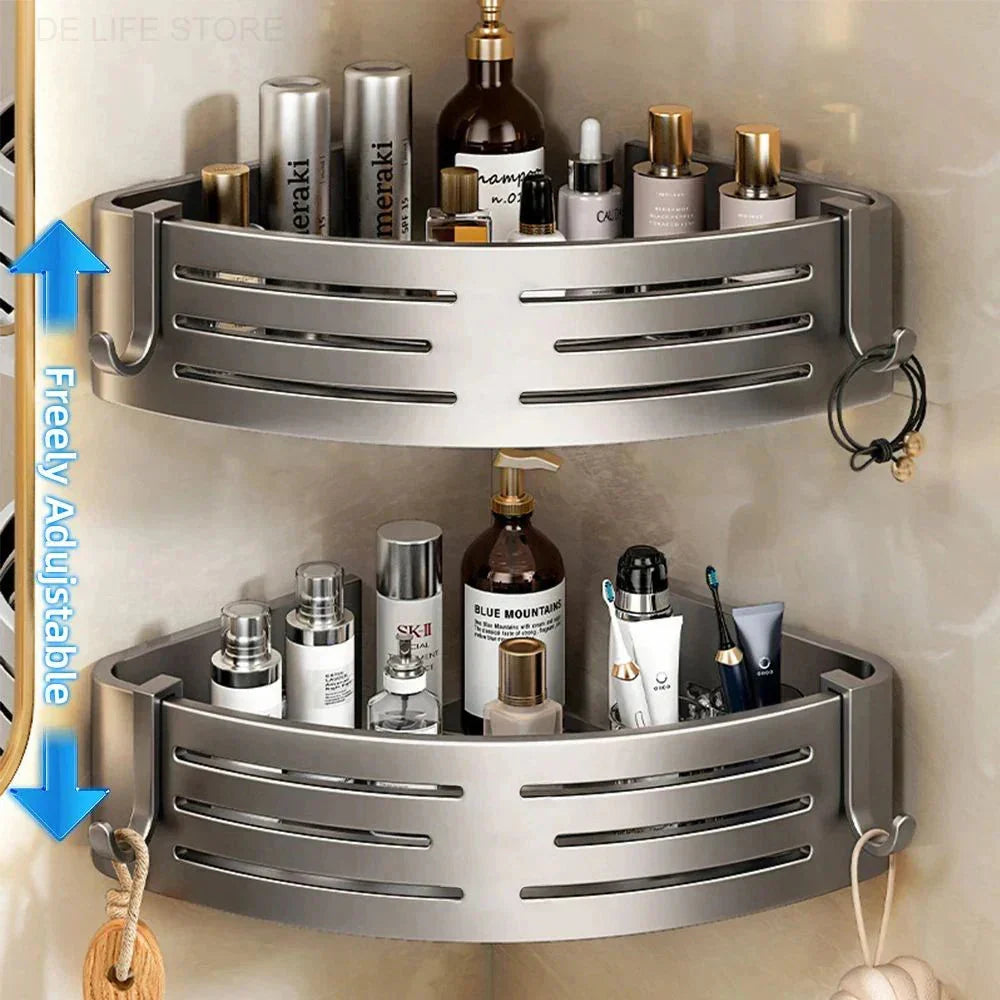 Corner Shower Caddy Set of 2 with Adjustable Height & Hooks No-Drill Aluminum Wall Mount Organizer for Bathroom Shampoo Soap Holder