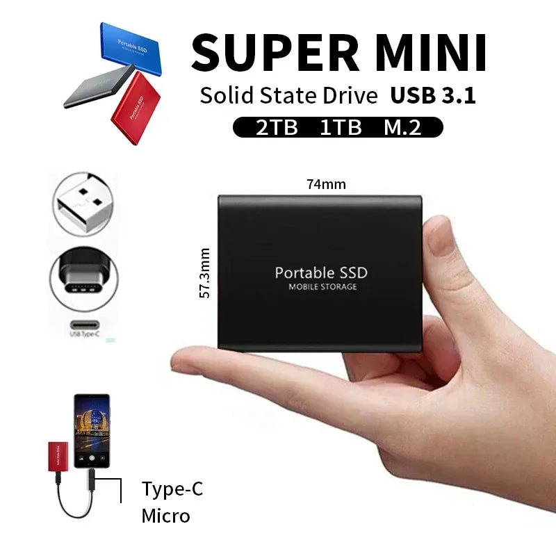 Portable External Solid State Drive 2TB USB 3.1 Type-C Storage Device for Mac PC Laptop Computer Data Transfer Backup High Speed Mobile SSD