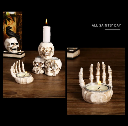 Sable Skullight Candlestick Holders - Resin, Gothic 4-Piece Set