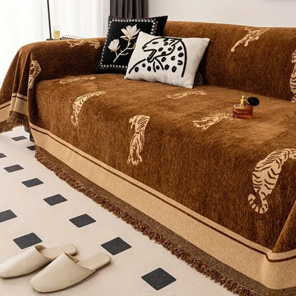 Sable Sofa Cover - Reversible Chenille, Tiger Motif for Sectional and Couch
