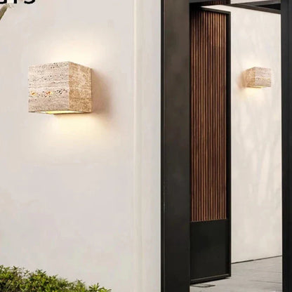 Outdoor LED Sconce Natural Stone Up-Down Light Waterproof Garden Wall Mount Fixture for Patio Entryway Facade 6.3 Inch Travertine Exterior L