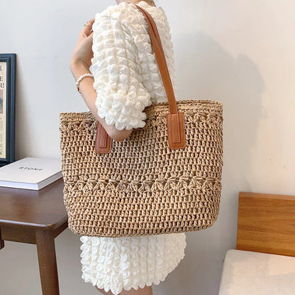 Ortekor Chic Straw Tote Bag with Leather Straps | Stylish Beach Bag for Everyday Use