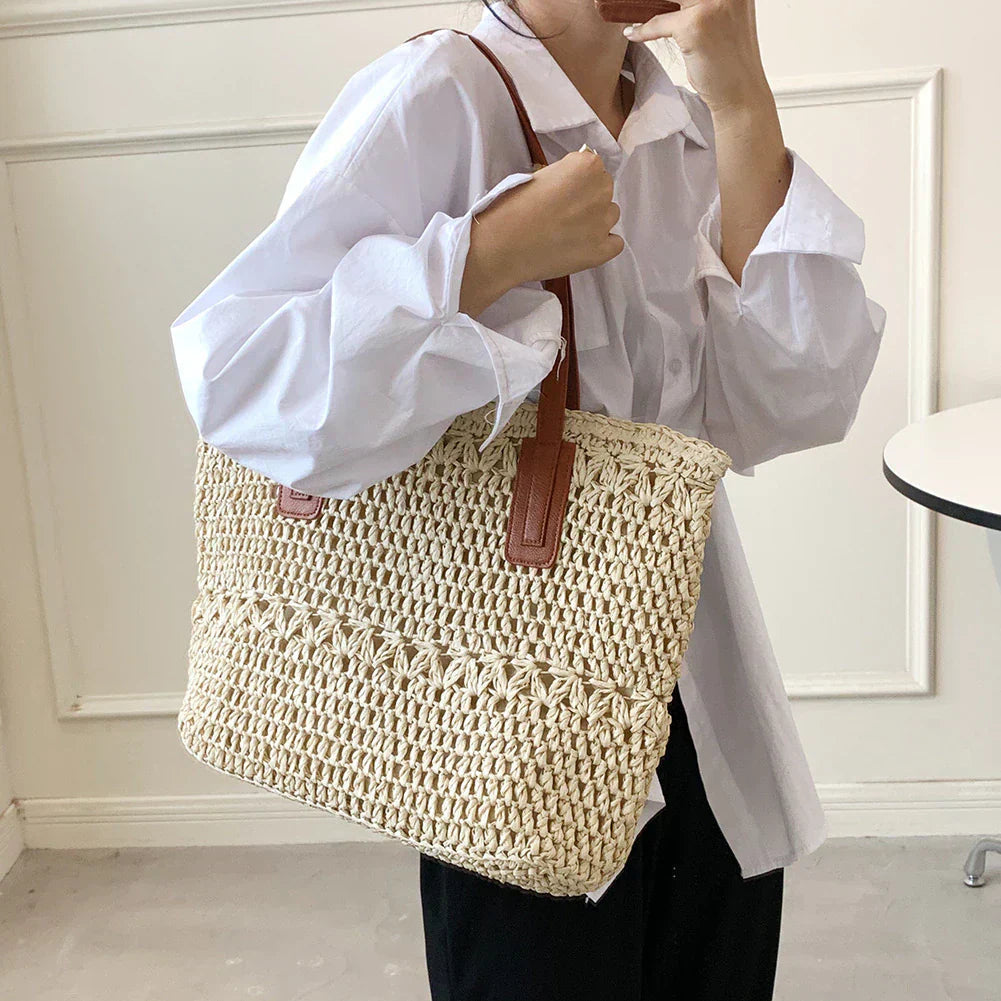 Ortekor Chic Straw Tote Bag with Leather Straps | Stylish Beach Bag for Everyday Use