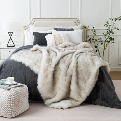 Plush Faux-Fur Accent Blanket 80×60 in Oversized Ultra-Soft Polyester Decorative Cover for Bedroom Sofa Chair Couch Neutral Tan Silver Brind