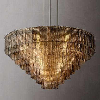 Circular Multi-Tier Art Deco Chandelier with Glass Panels for Dining Room, Foyer & Living Room – Statement Ceiling Light