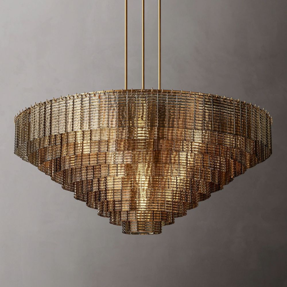 Circular Multi-Tier Art Deco Chandelier with Glass Panels for Dining Room, Foyer & Living Room – Statement Ceiling Light