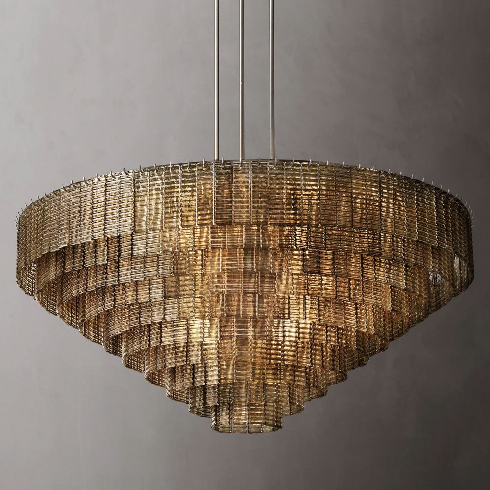 Circular Multi-Tier Art Deco Chandelier with Glass Panels for Dining Room, Foyer & Living Room – Statement Ceiling Light