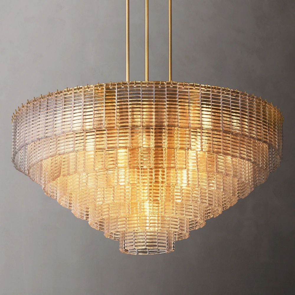 Circular Multi-Tier Art Deco Chandelier with Glass Panels for Dining Room, Foyer & Living Room – Statement Ceiling Light