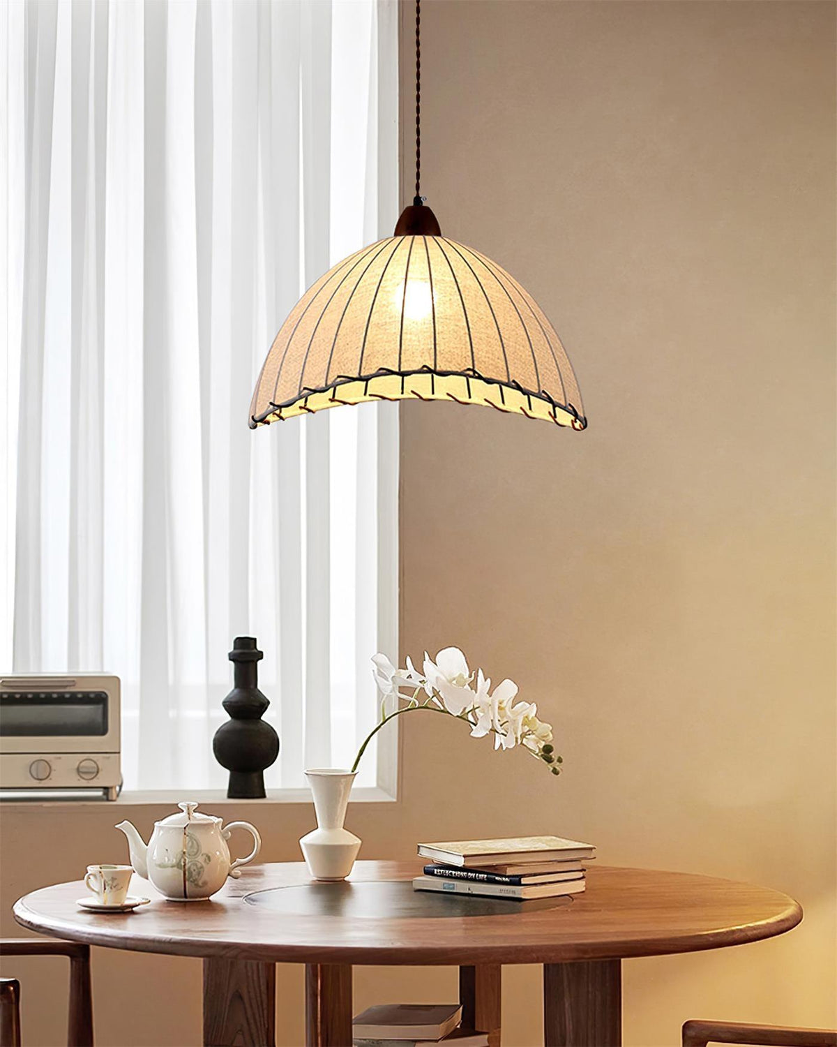 Fabric Dome Ceiling Light White 14 inch Ribbed Scalloped Hanging Fixture for Dining Room Bedroom Adjustable Height Vintage Modern E26 Socket