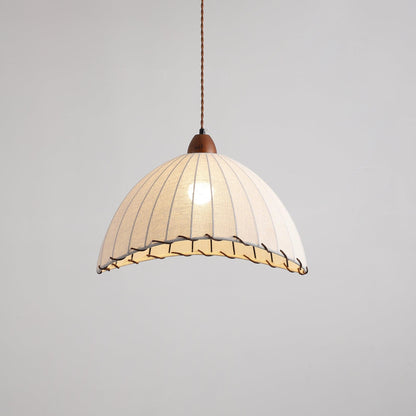 Fabric Dome Ceiling Light White 14 inch Ribbed Scalloped Hanging Fixture for Dining Room Bedroom Adjustable Height Vintage Modern E26 Socket