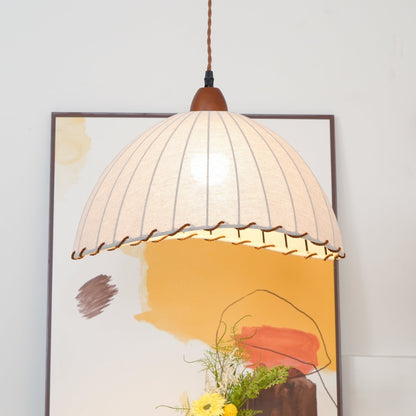 Fabric Dome Ceiling Light White 14 inch Ribbed Scalloped Hanging Fixture for Dining Room Bedroom Adjustable Height Vintage Modern E26 Socket