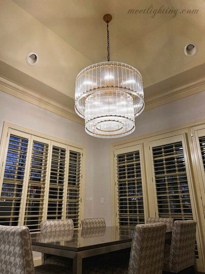 Circular Tiered Glass Panel Ceiling Fixture 22-60 Inch Diameter for Dining Room Foyer Living Room Bedroom Hotel Entryway Statement Lighting