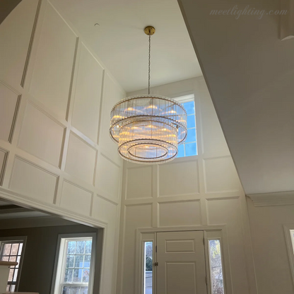 Circular Tiered Glass Panel Ceiling Fixture 22-60 Inch Diameter for Dining Room Foyer Living Room Bedroom Hotel Entryway Statement Lighting