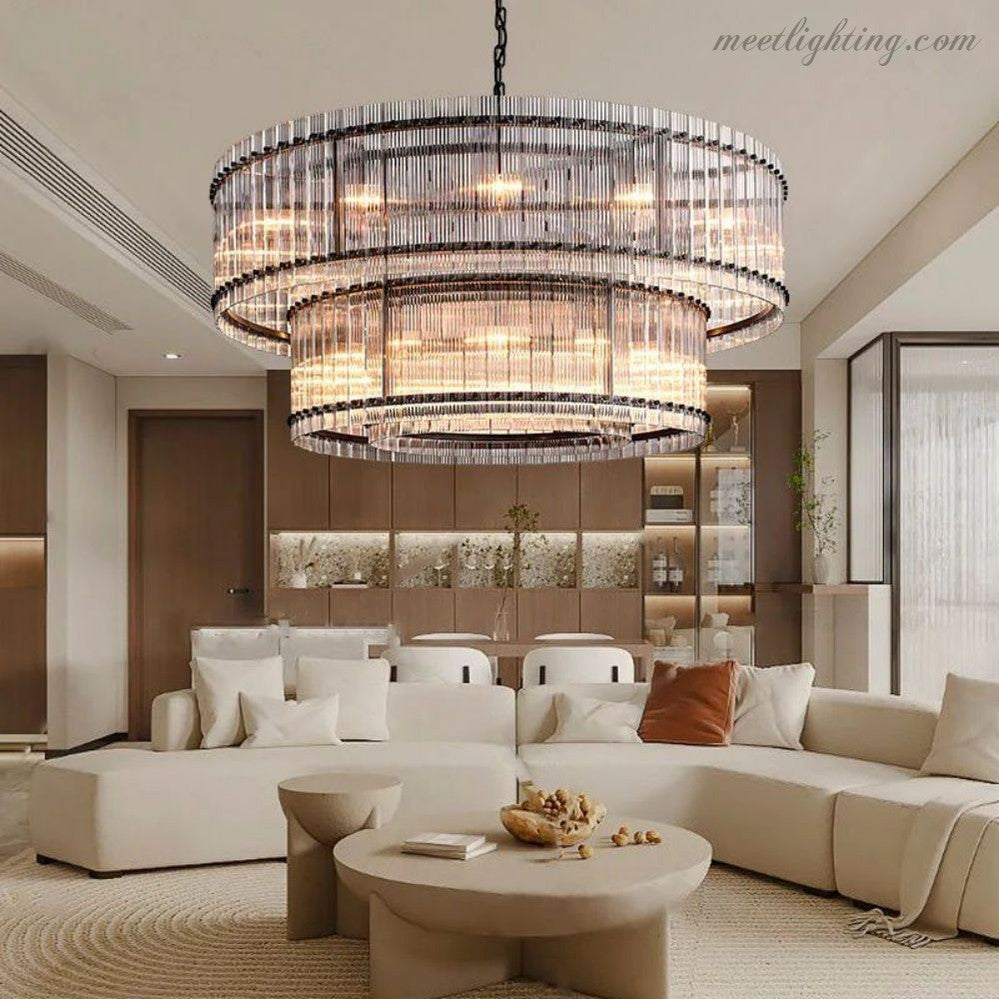 Circular Tiered Glass Panel Ceiling Fixture 22-60 Inch Diameter for Dining Room Foyer Living Room Bedroom Hotel Entryway Statement Lighting