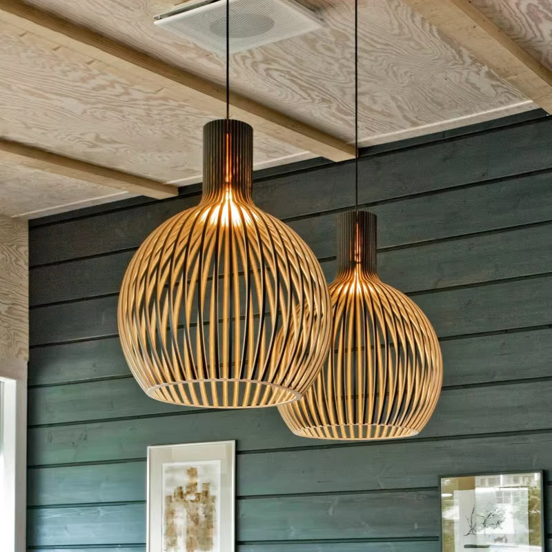 Wooden Sphere Pendant Light with Black Exterior for Dining Room & Living Room Ambiance