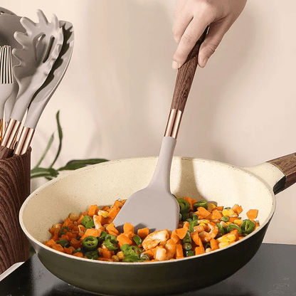 Cooking Utensil Set 10-Piece Heat Resistant Silicone Tools Non-Stick Safe Ergonomic Wood Grain Handles for Baking Serving Everyday Kitchen U