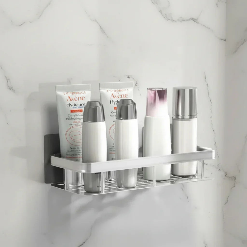 Organisateur de douche d'angle adhésif à montage mural – Étagère de rangement étanche sans perçage pour salle de bain, toilettes et lavabo – ABS et acier en noir ou argent