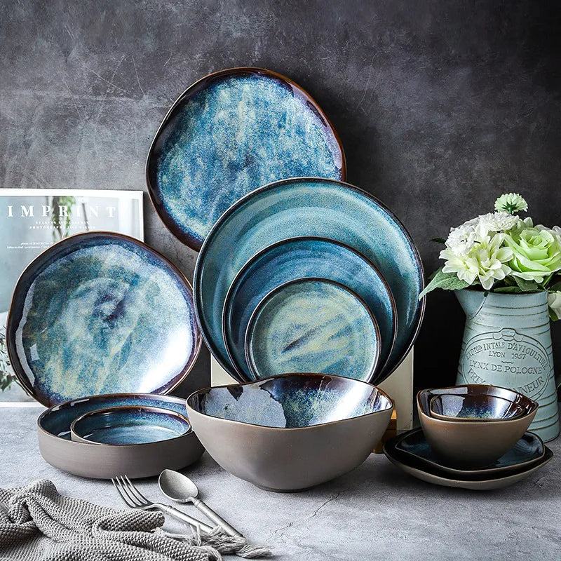 Porcelain Dinnerware Set 11-Piece Aqua Blue Plates Bowls Service for 4 Complete Kitchen Tableware Family Dining Entertaining Microwave Dishw