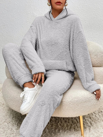 Hooded Teddy Fleece Loungewear Set for Women – Two-Piece Oversized Sweatsuit with Pocket – Cozy Winter Homewear Outfit