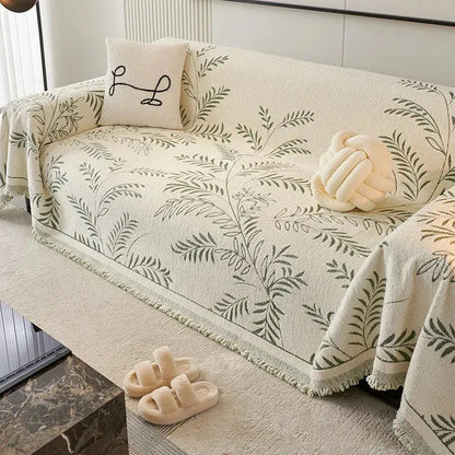 Chenille Jacquard Leaf Sofa Throw Blanket with Non-Slip Backing | Scratch-Resistant Textured Furniture Cover for Couch Protection