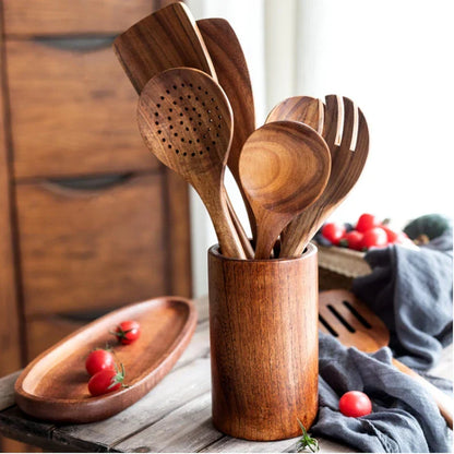 Natural Wood Kitchen Utensil Set 8-Piece with Display Stand for Cooking and Serving Non-Stick Cookware Safe Tools