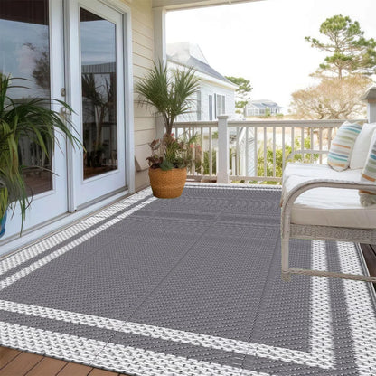 Tapis de sol résistant aux intempéries pour terrasses, porches et jardins, 150 × 240 cm, revêtement de patio tissé réversible gris pour camping, camping-car et balcon