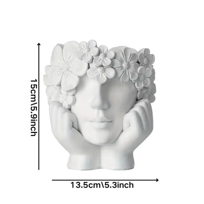 Sculptural Face Planter with Botanical Crown – White Resin Plant Holder for Succulents & Herbs – 6 inch Indoor Outdoor Decorative Container