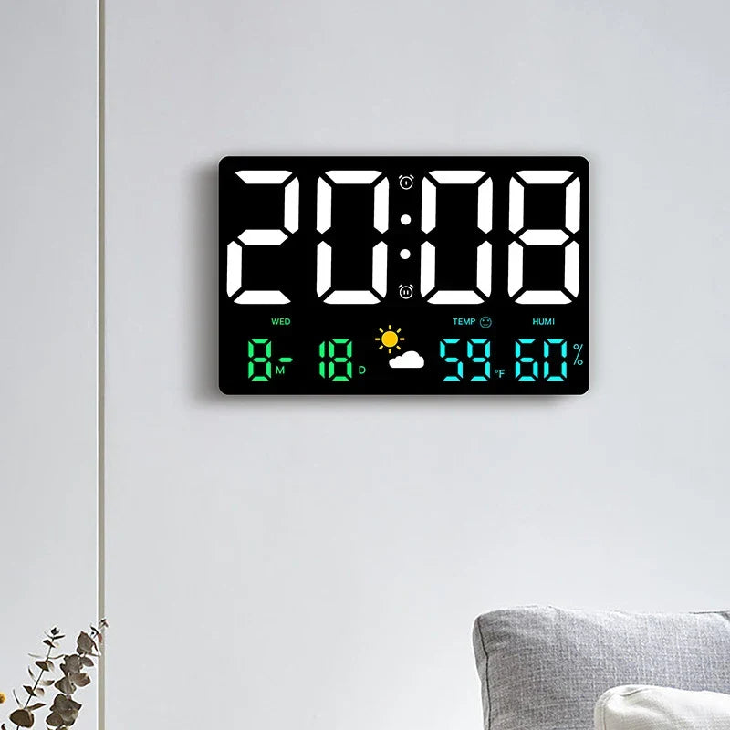 Réveil LED avec affichage météo 9,8 pouces, moniteur de température et d'humidité, télécommande, horloge numérique murale ou de bureau pour chambre et bureau