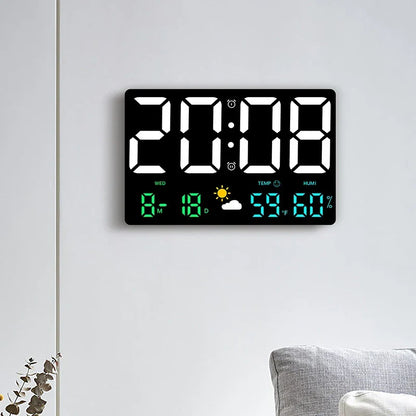 Réveil LED avec affichage météo 9,8 pouces, moniteur de température et d'humidité, télécommande, horloge numérique murale ou de bureau pour chambre et bureau