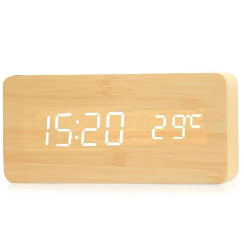 Réveil numérique à LED avec triple alarme, affichage de la température, réglage de la luminosité, finition grain de bois, alimentation USB, pour chambre, bureau, table de chevet