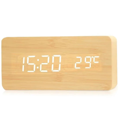 Réveil numérique à LED avec triple alarme, affichage de la température, réglage de la luminosité, finition grain de bois, alimentation USB, pour chambre, bureau, table de chevet