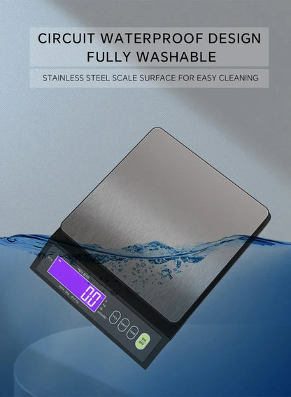 Balance de cuisine numérique étanche – Capacité de 5 kg / 1 g ou 10 kg / 1 g, balance culinaire rechargeable à écran LCD pour la préparation des repas, la pâtisserie et le contrôle des portions
