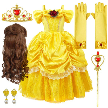 Girls Princess Gown Costume with Tiara and Gloves – Complete Belle-Inspired Dress-Up Set for Birthday Parties, Halloween, Cosplay & Special