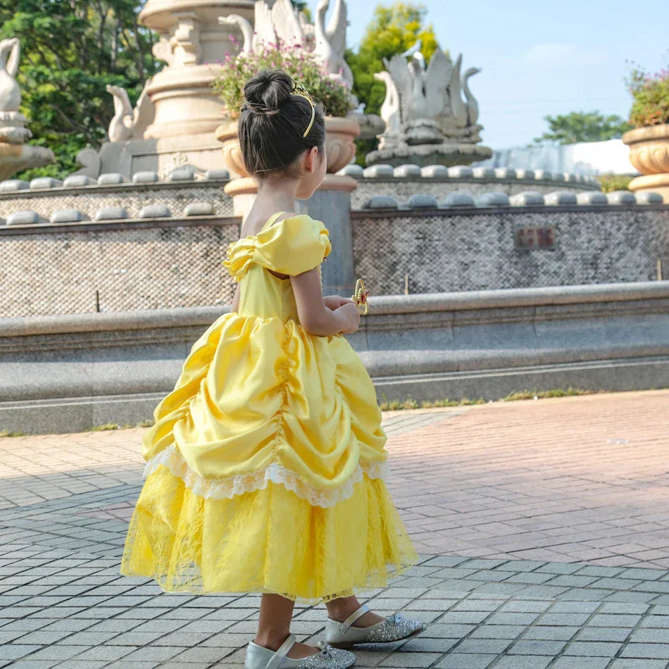 Girls Princess Gown Costume with Tiara and Gloves – Complete Belle-Inspired Dress-Up Set for Birthday Parties, Halloween, Cosplay & Special