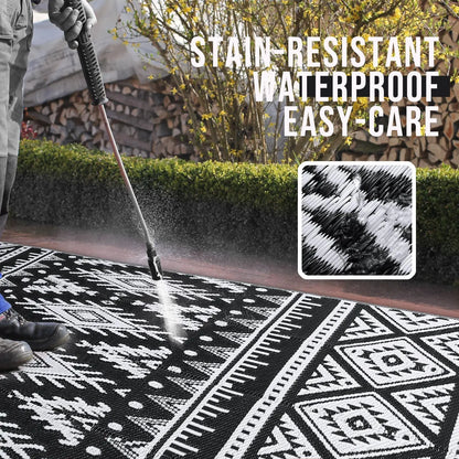 Woven Reversible Patio Mat with Braided Plastic Construction for Decks, Balconies & Camping | Weather-Resistant Geometric Floor Covering