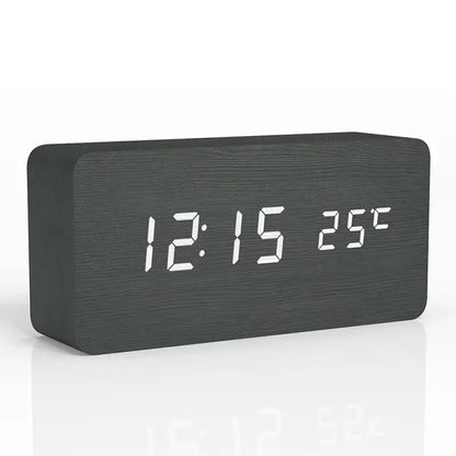 Réveil numérique à LED avec triple alarme, affichage de la température, réglage de la luminosité, finition grain de bois, alimentation USB, pour chambre, bureau, table de chevet