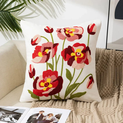 Floral Embroidered Throw Pillow Cover 18x18 Inches Cotton Canvas White Decorative Cushion Case for Couch Bed Chair Farmhouse Modern Living R